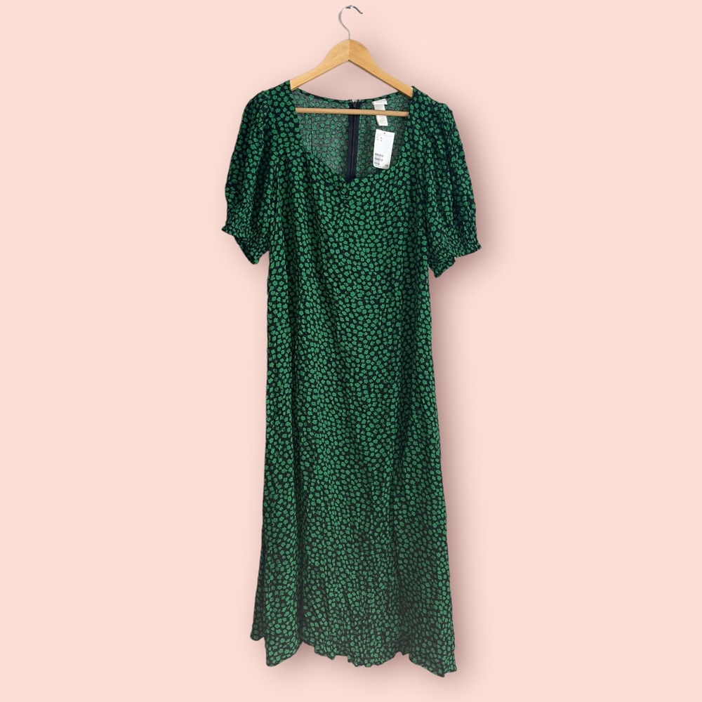 NWT H&M Black Shamrock Puff Sleeve MIDI Dress